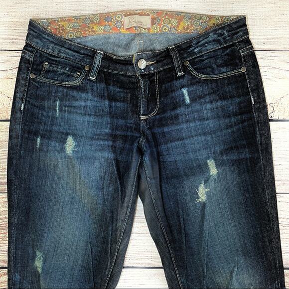 PAIGE Y2K  JEANS DARK LAUREL LOW RISE CANYON BOOTCUT DISTRESSED BLUE 28 - Picture 1 of 7